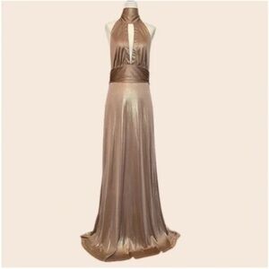 Elegant Marciano Gold Metallic Choker Plunge Cut-Out Halter Maxi Gown Train S